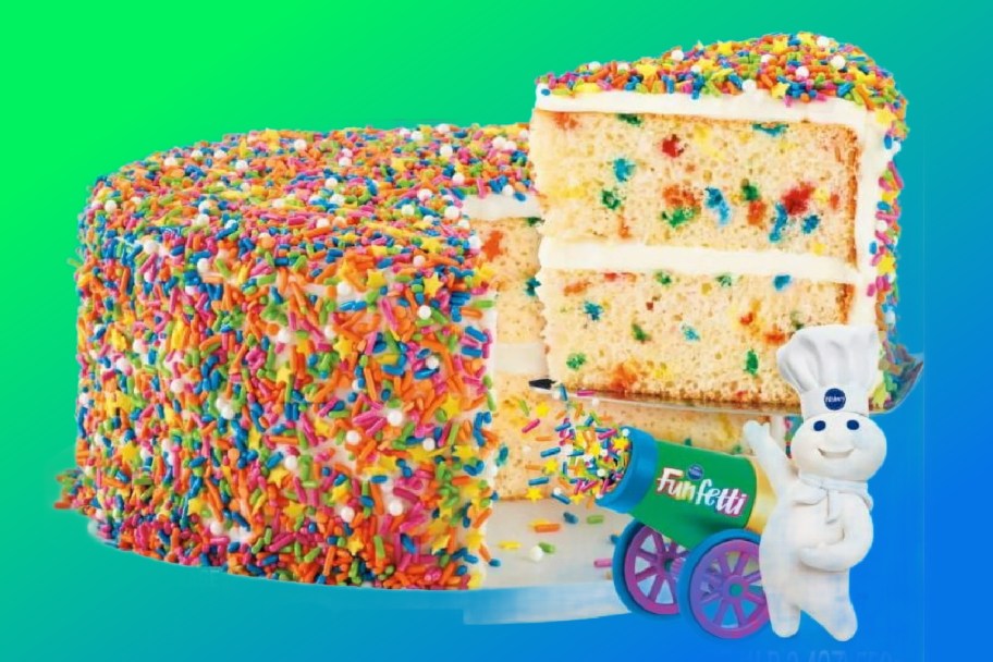 funfetti cake mix covered in sprinkles with slice taken out