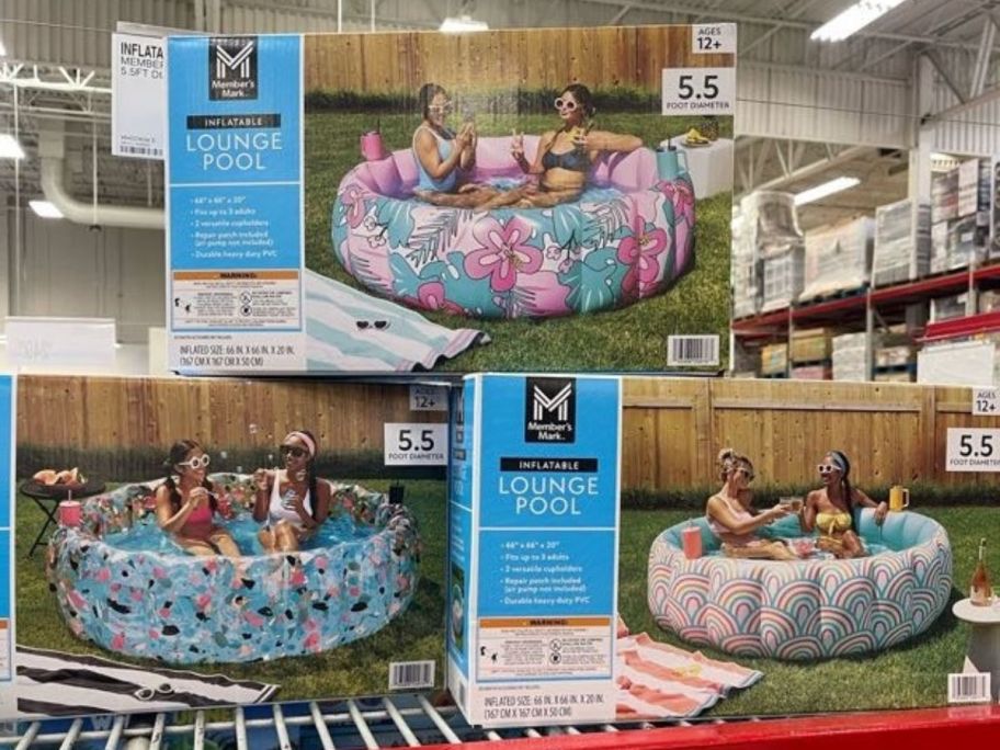 Member's Mark Inflatable Lounge Pool boxes stacked in store
