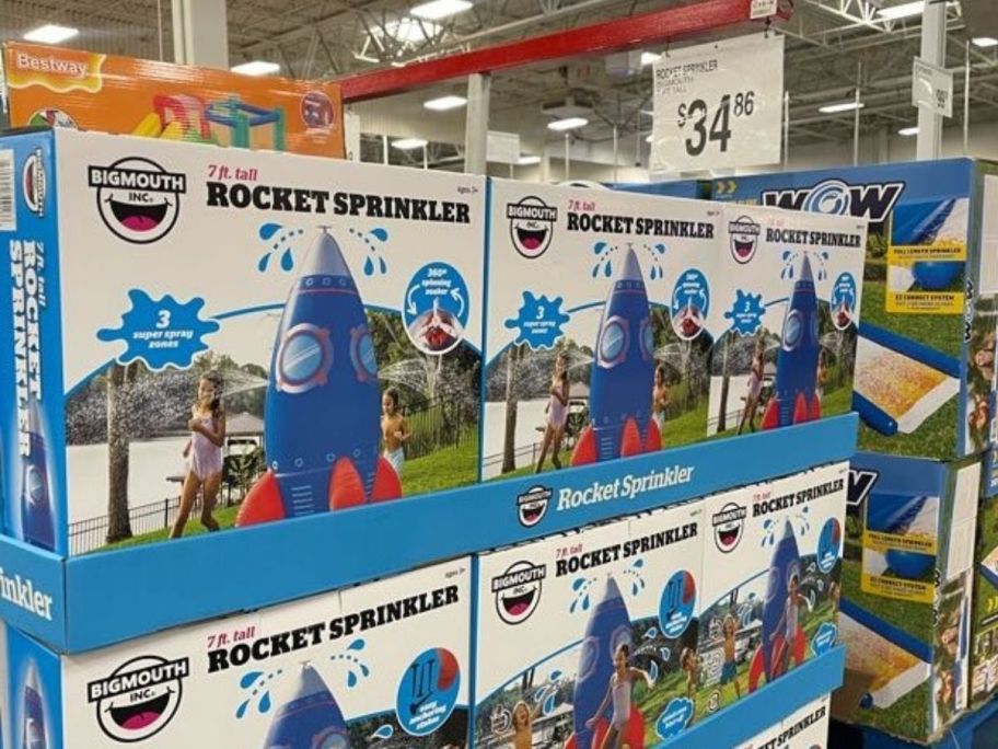 BigMouth 7' Outdoor Giant Rocket Sprinkler boxes stacked in store