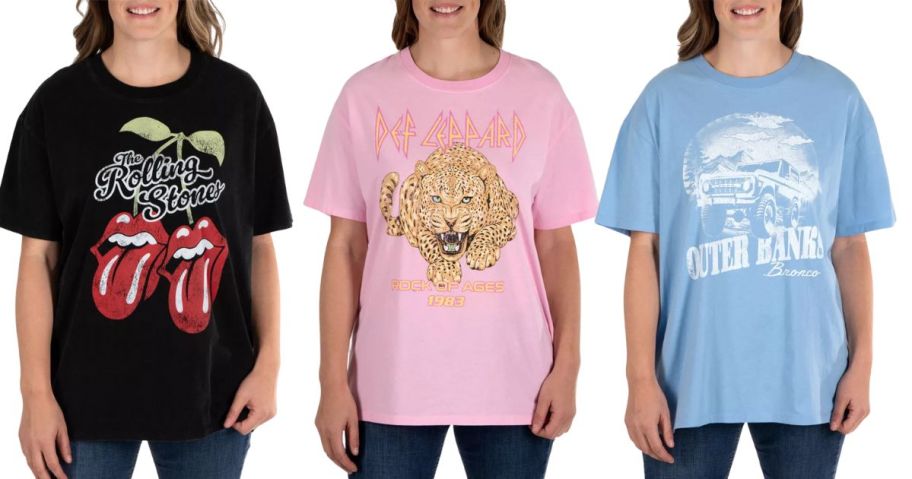 three women wearing Women's Licensed Graphic Tees in rolling stones, def leppard, and bronco