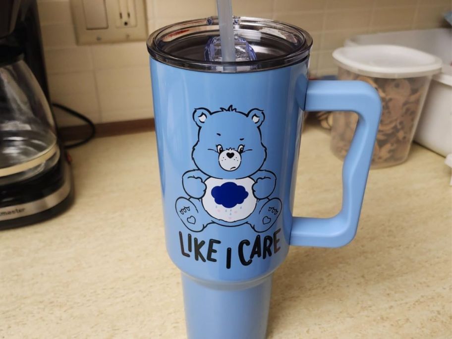 Silver Buffalo Care Bears Grumpy Bear Like I Care 40oz Tumbler on kitchen counter