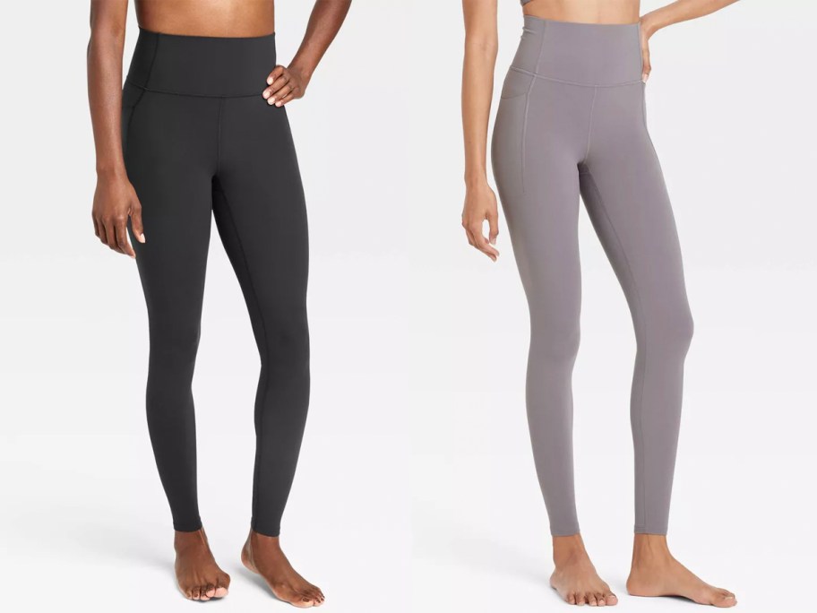 two women wearing black and gray leggings 