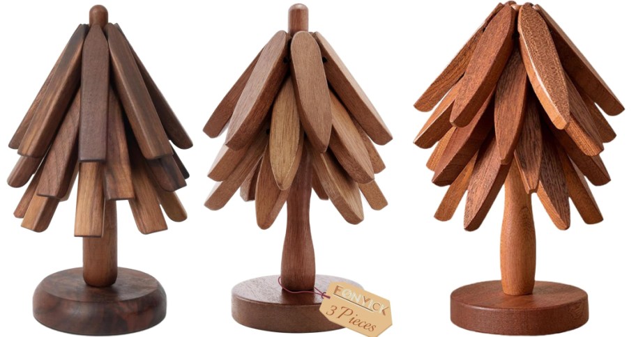 three wooden tree trivets