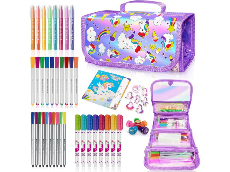 unicorn tote, markers, stickers, and stamps