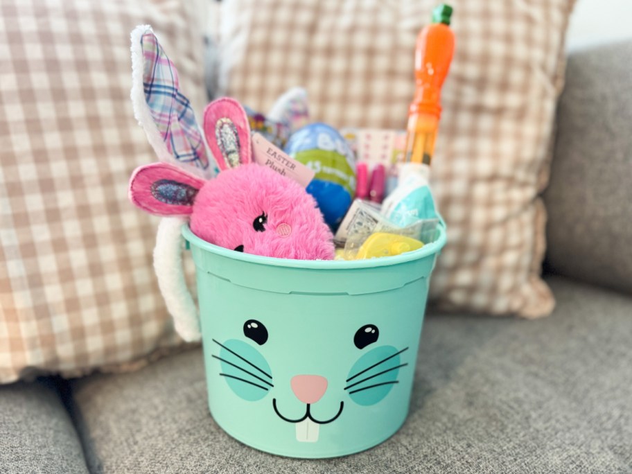 blue bunny easter basket with pink plush, carrot bubbles, and more easter goodies