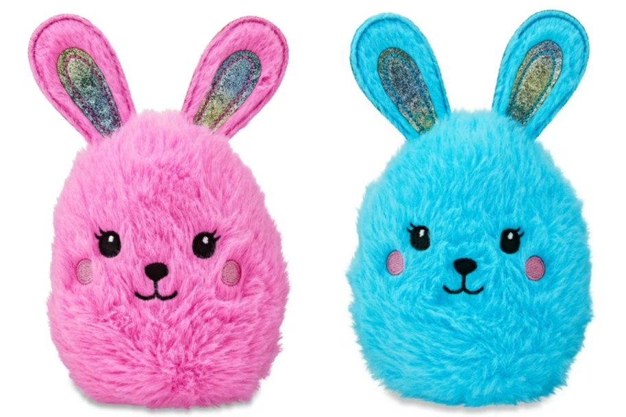 pink and blue round bunny plushes