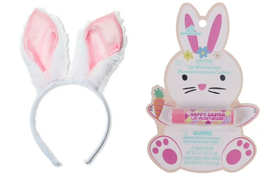 white bunny ear headband and lip balm on bunny card