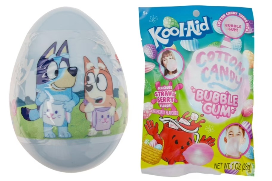 easter egg and bag of cotton candy bubble gum 