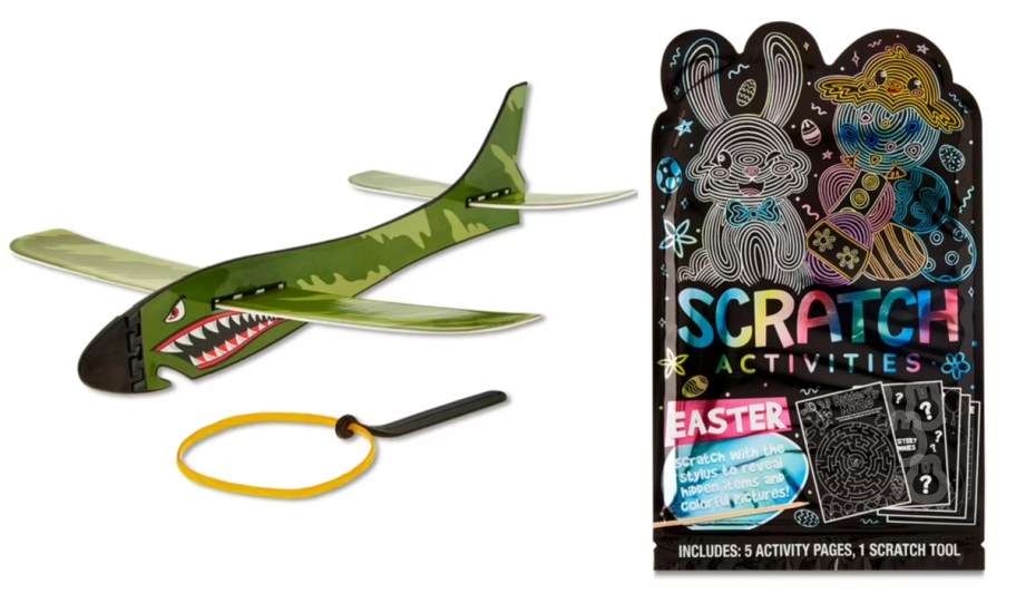 green toy stunt plane and scratch art activity 