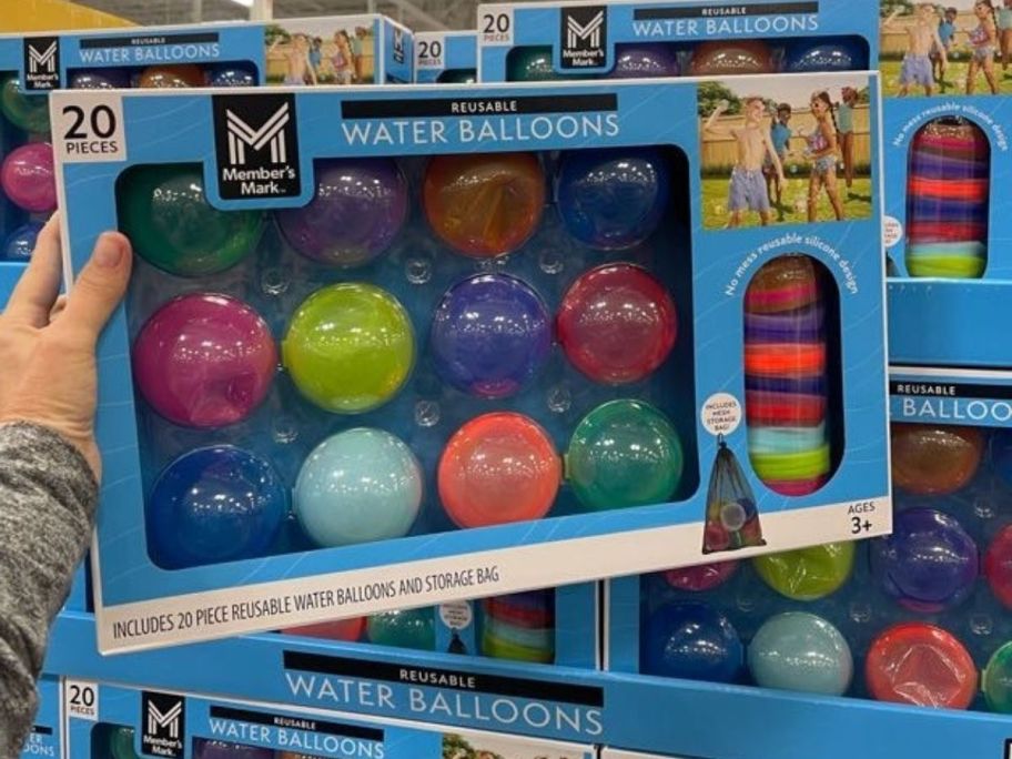 Member's Mark Self-Sealing Reusable Water Balloons 20-Piece box in hand in store