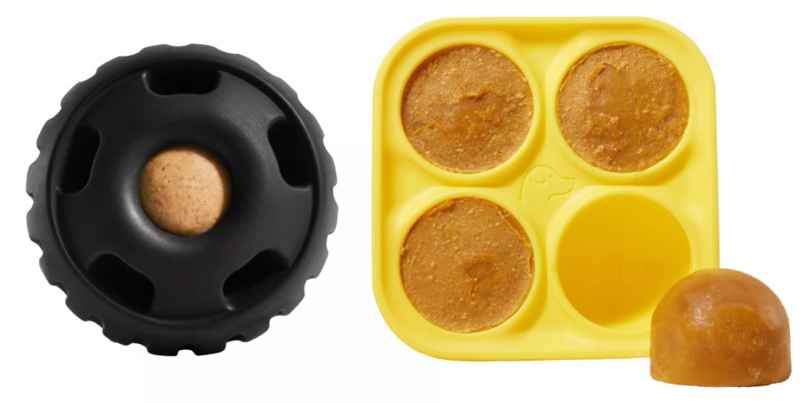 black tire looking fillable do toy next to yellow treat tray