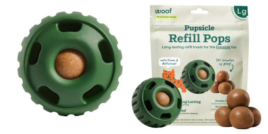 round green fillable dog toy with ba of treats