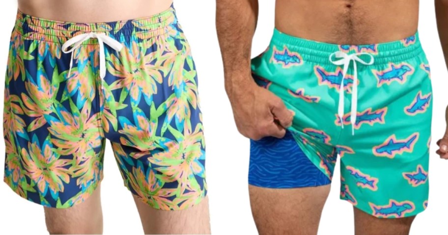 men wearing bright color swim trunks