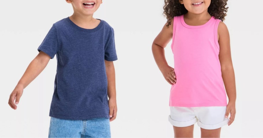 little b oy and girl wearing different color tops and shorts