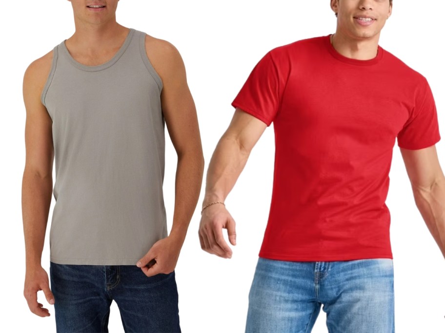 man wearing a grey tank top and man wearing a red tshirt