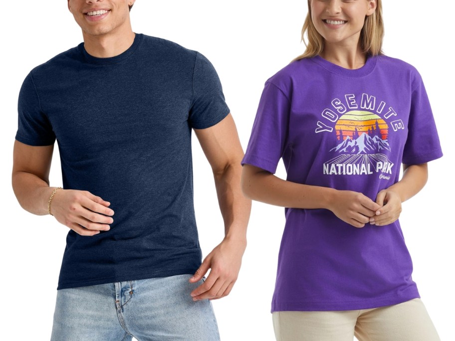 man wearing a blue tshirt and jeans and woman wearing a purple tshirt and khaki pants