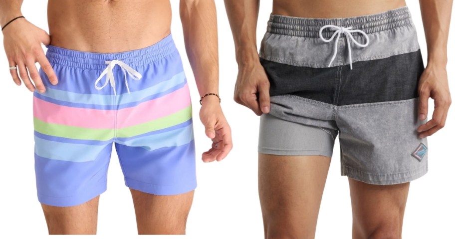 men wearing striped swim trunks