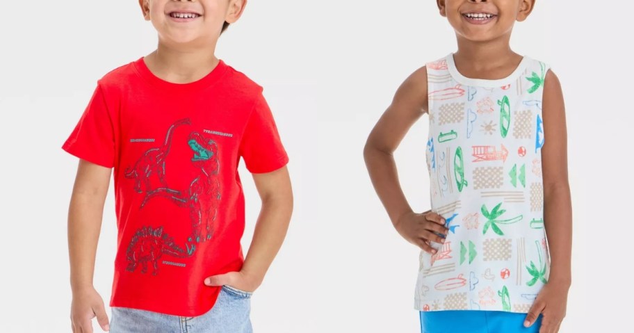 2 little boys wearing colorful shirts and tank tops
