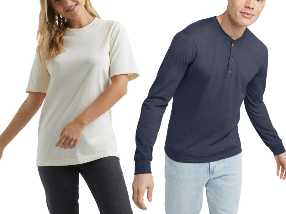 woman wearing a white tee and jeans and man wearing a blue henley shirt and jeans
