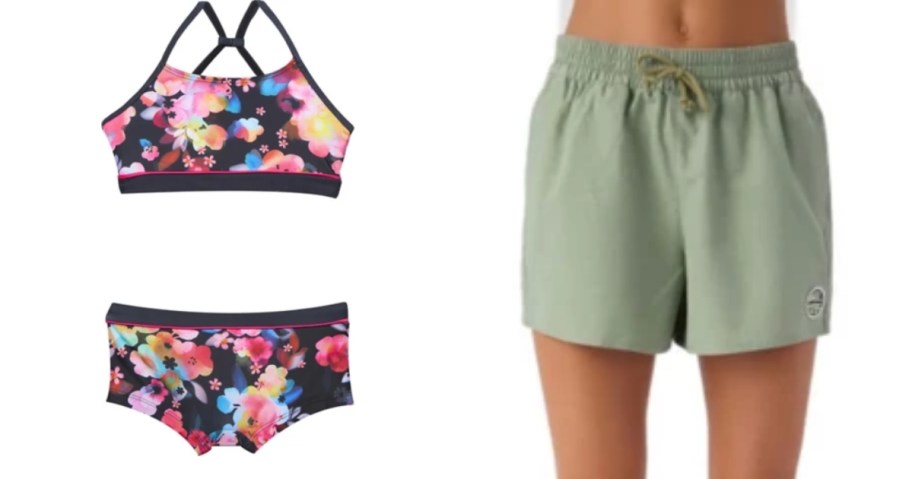 a girl's bikini stock image and a girl wearing green swim shorts