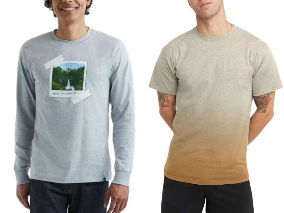 man wearing a long sleeve graphic tshirt and man wearing an ombre tshirt
