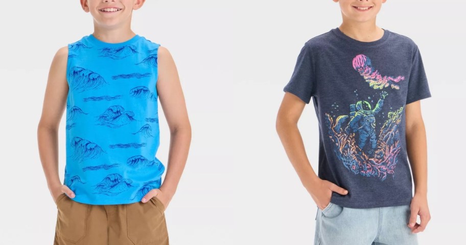 2 boys wearing colorful shirts and tank tops