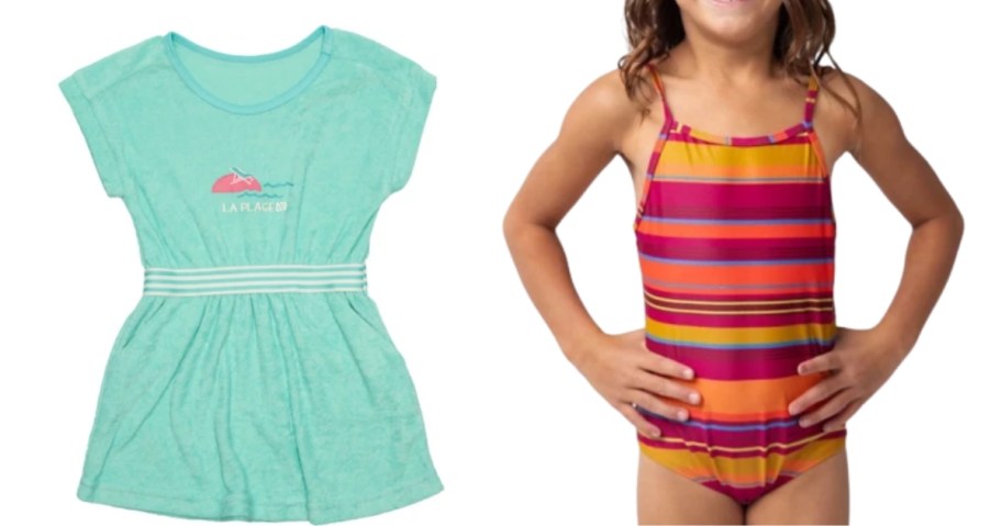 a green toddler girls swim suit cover up and a toddler girl wearing a striped swimsuit