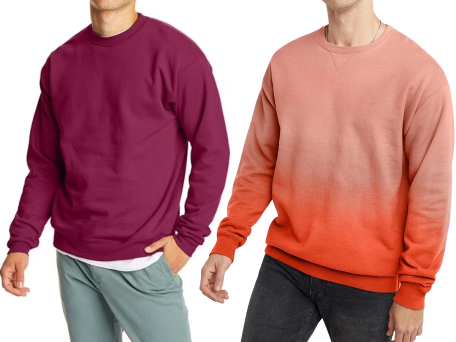 man wearing a purple sweatshirt and jeans and man wearing an orange ombre sweatshirt and jeans