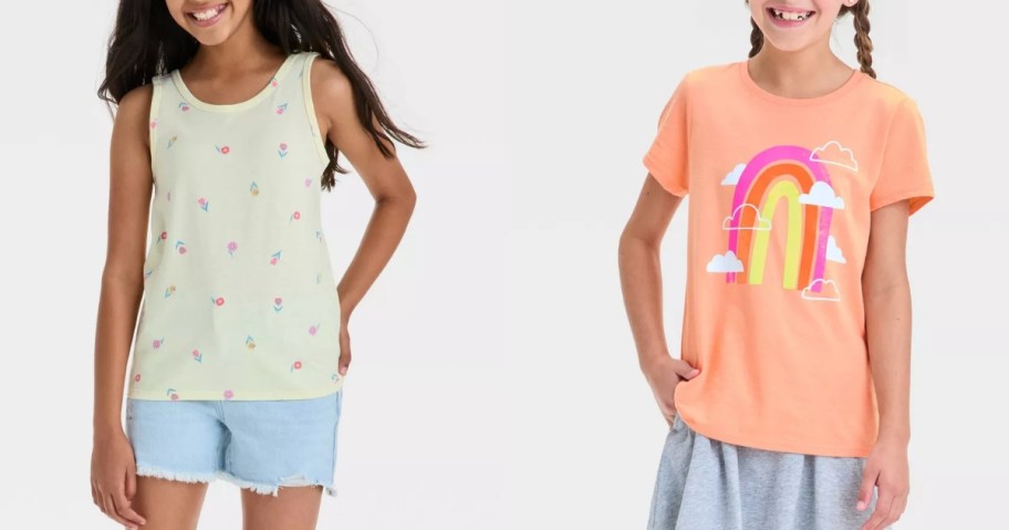 2 girls wearing colorful shirts and tank tops