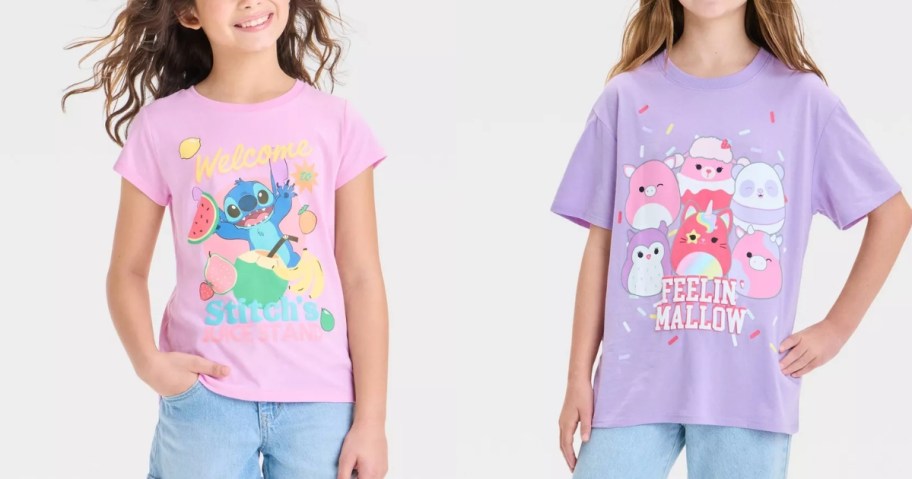 girl wearing a Disney Lilo & Stitch tshirt and girl wearing a Squishmallows tshrit