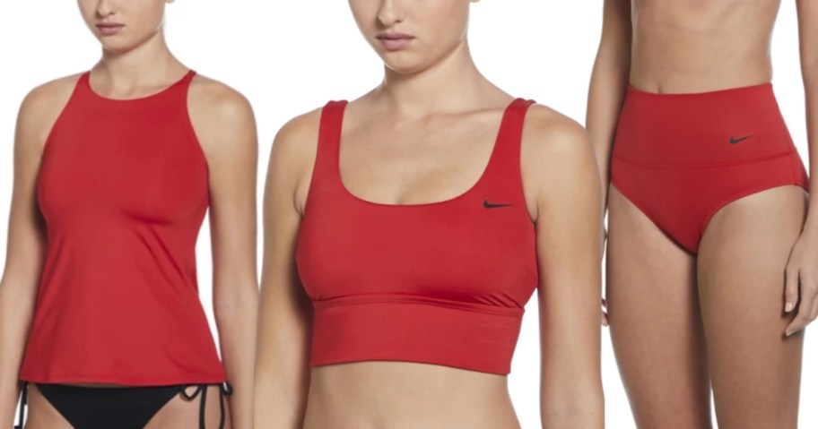 women wearing red swim tops and bottoms