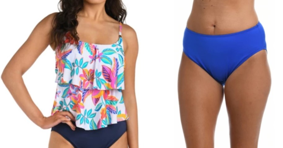woman wearing a floral tankini swim top and woman wearing blue swim bottoms