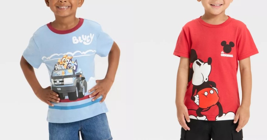little boy wearing a Bluey tshirt and little boy wearing a Mickey Mouse tshirt