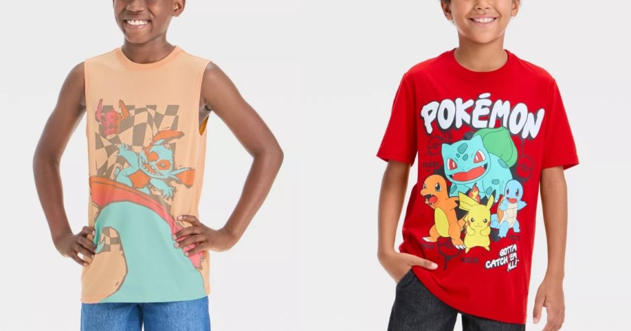 boy wearing a Disney Lilo & Stitch tank top and boy wearing a Pokemon tshirt