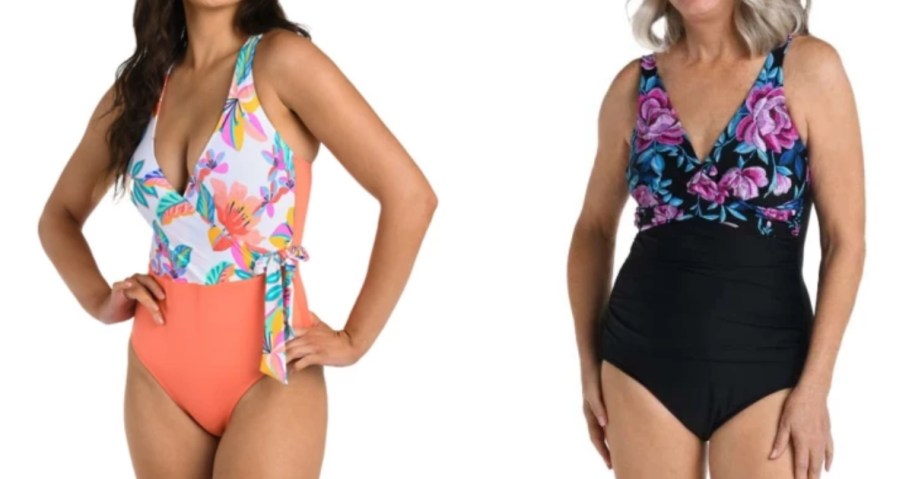 women wearing floral and solid color one piece swimsuits