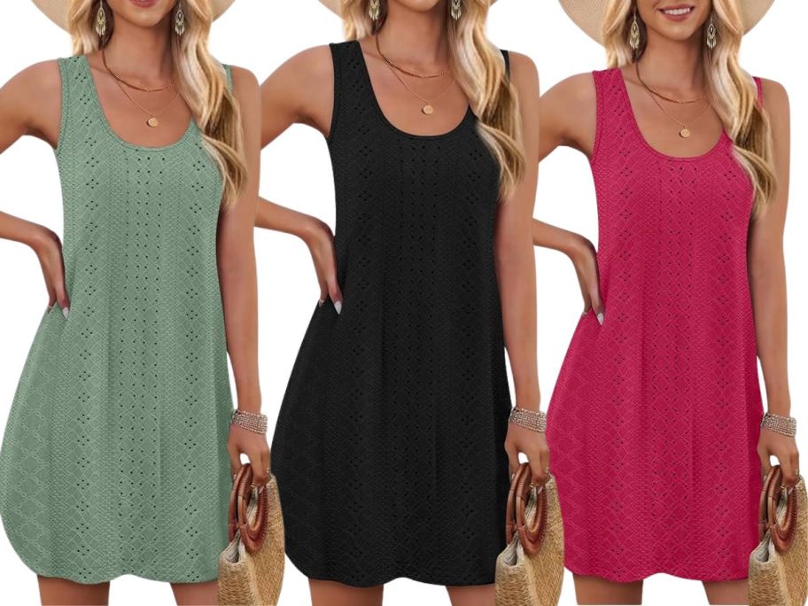 3 women wearing swim cover up dresses in green, black, and pink 