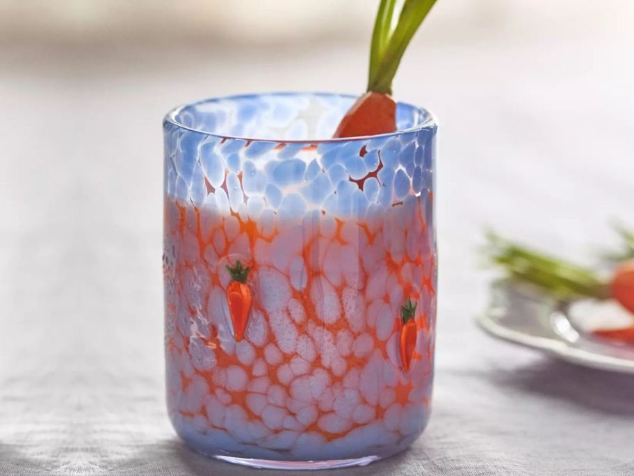 The Icon Juice Glass: Confetti Edition from Anthropologie with juice and a carrot inside