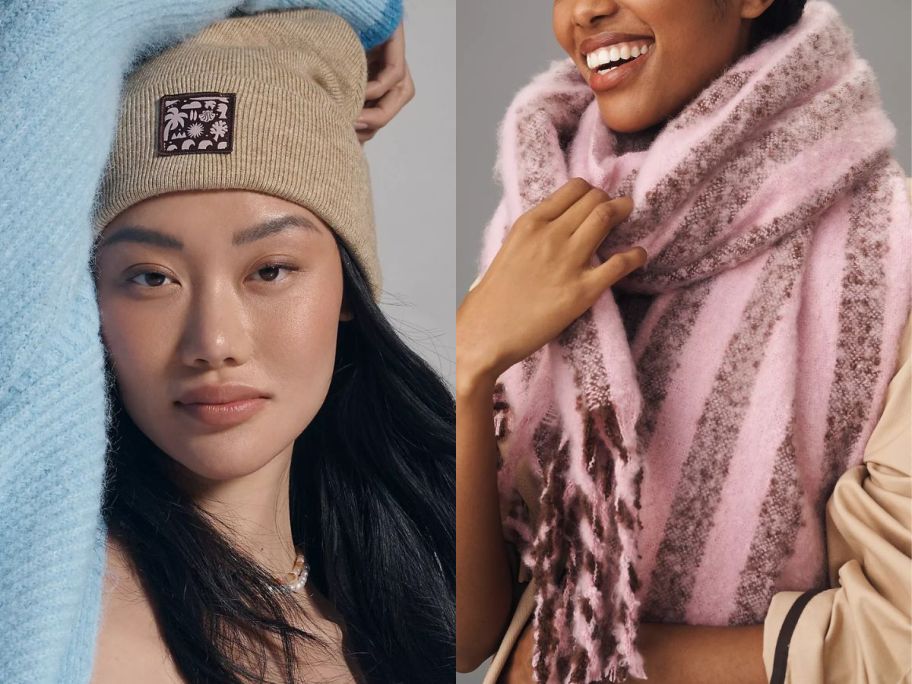 two Women wearing an Anthropologie beanies and scarf