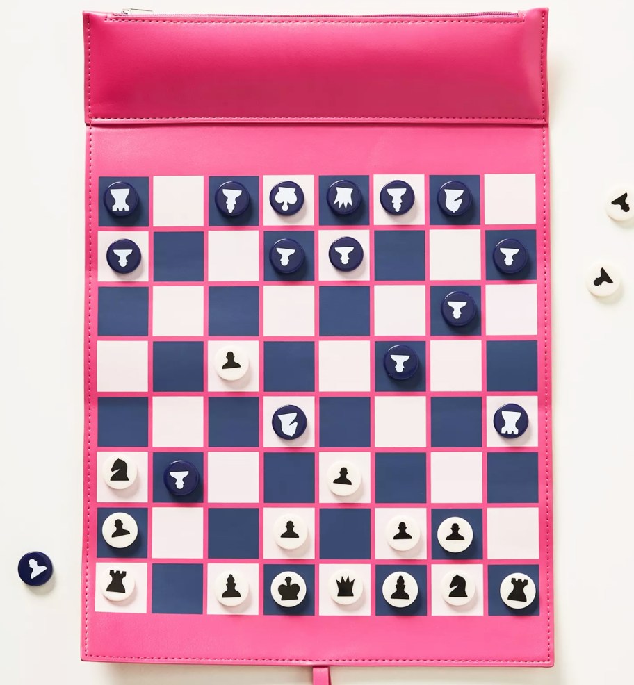 pink, navy, and white checkerboard set