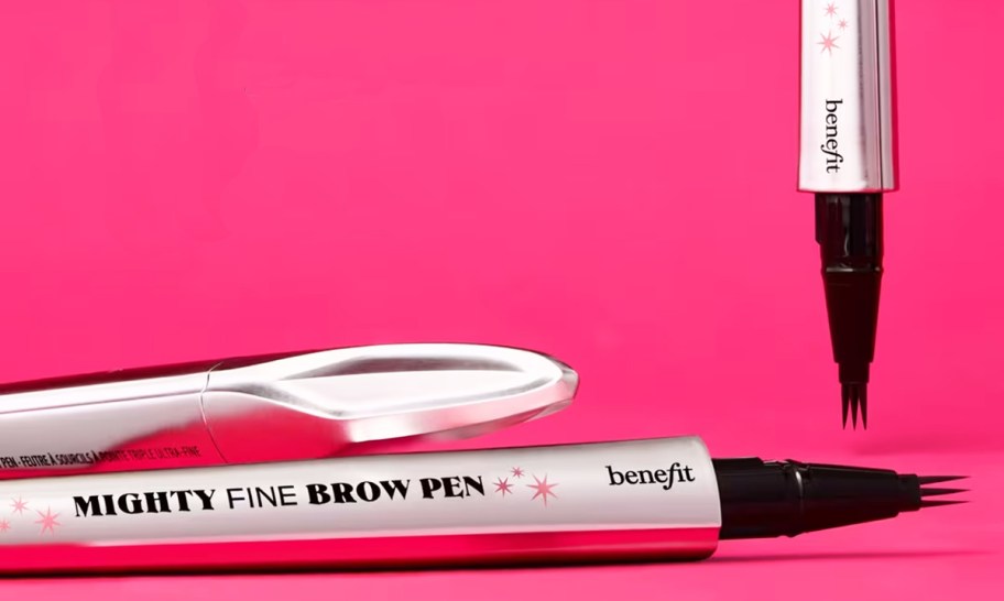 Benefit Cosmetics Mighty Fine Waterproof Brow Pen on a pink background