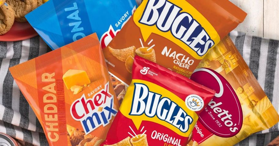 Bags of Chex, Mix Bugles and Gardetto's Snack Mix