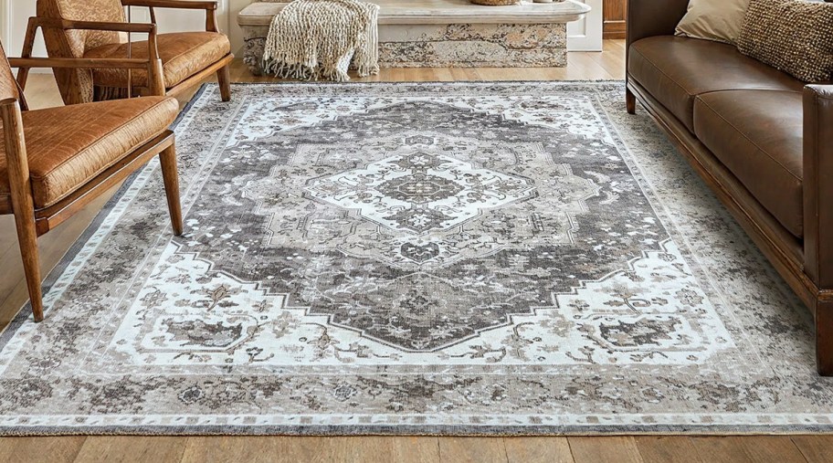 grey oriental rug in living room