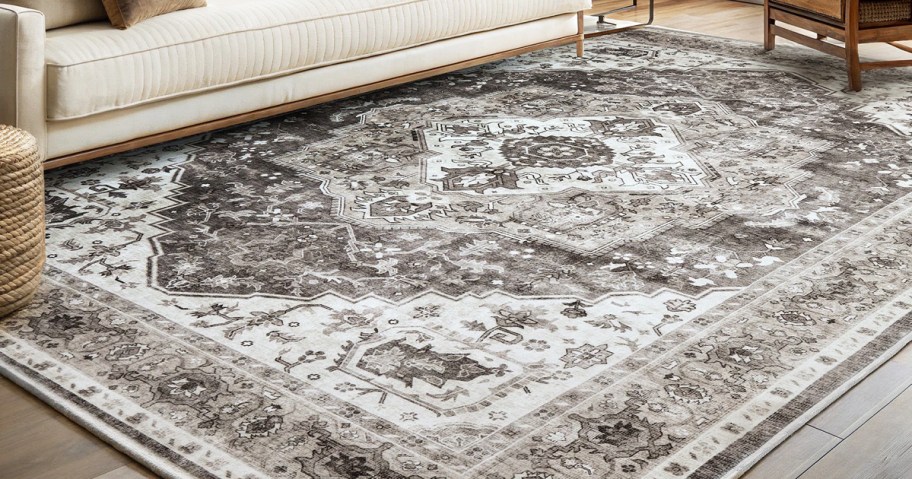 grey oriental rug in living room
