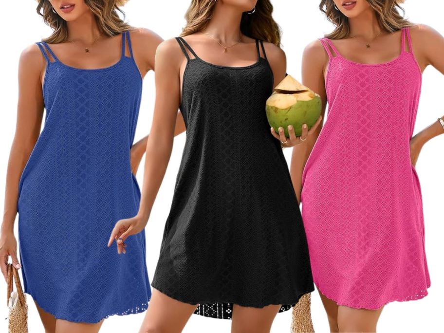 3 women wearing swim cover up dresses in blue, black, and pink 