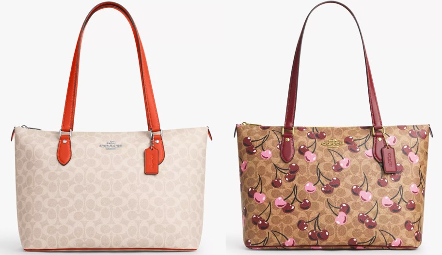 white and brown coach tote bags