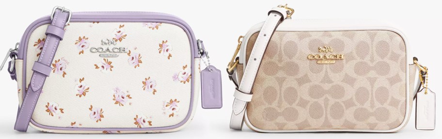 white and purple floral print and tan C print camera bags