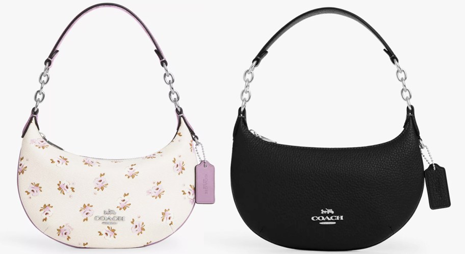 white and purple floral print and solid black half-circle purses