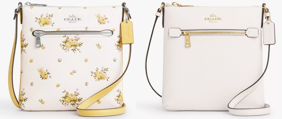 white with yellow floral print and solid white square crossbody bags