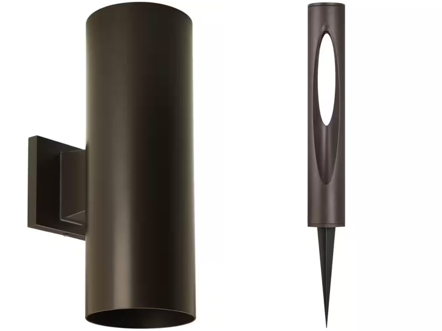 Coastal 5in Antique Bronze Outdoor Wall Cylinder Light and Trinity Hill Bronze Outdoor Path Light