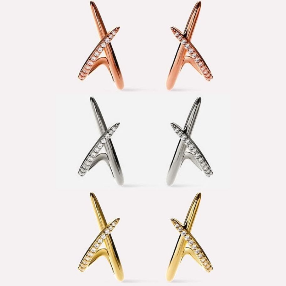 three pair of cz x hoop earrings in rose, yellow and white gold